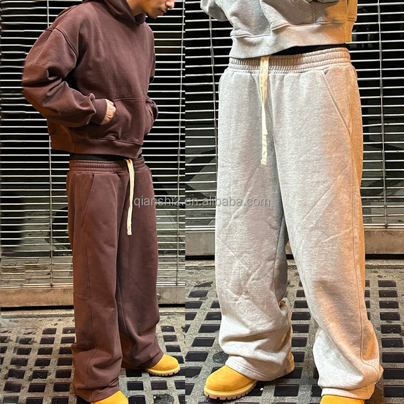 QIANSHI Custom Men's Blank Oversized Wide Leg Stacked Track Jogging Pants High Quality 100% Cotton Men Baggy Flared Sweatpants