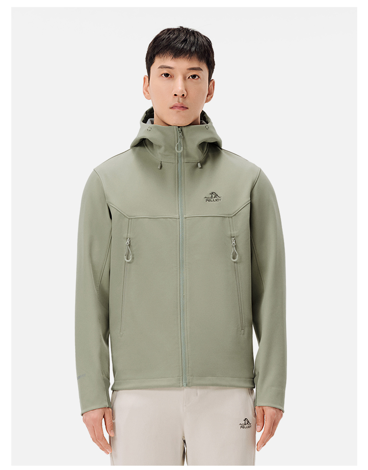 Men's Autumn Casual Softshell Jacket Outdoor Fleece-Lined Windproof Water-Repellent Hooded Coat With Zipper Closure For Hiking
