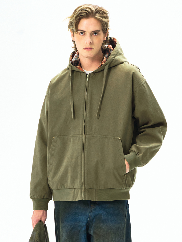 Casual Hooded Outdoor Knitted Fleece Jacket Breathable Unisex Cotton Zipper Closure Versatile Autumn Season Front Logo Worsted