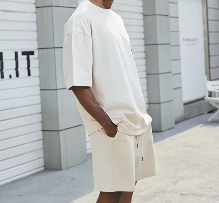 Men's 100% Cotton T-Shirt and Shorts Set 450gsm Heavyweight Oversized Boxy Fit Streetwear Summer Tracksuit Custom Logo