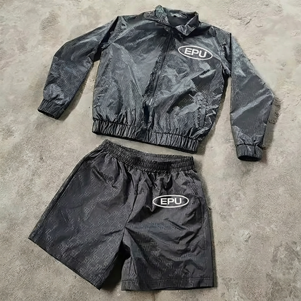 Custom LOGO Two Piece Nylon Jogger Polyester Windcheater Zip up Jacket and Short Set Unisex Embroidery logo Men's Tracksuit
