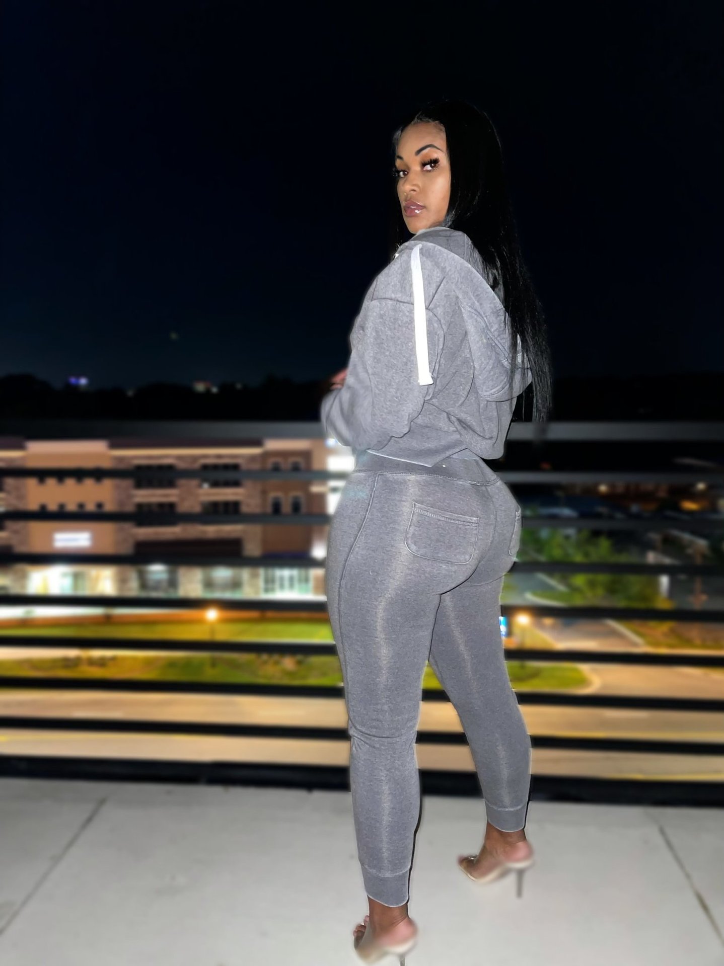 Women Plus Size Gray 100% Cotton Tracksuit Set Hooded Crop Top Full Length Pants Casual Solid Color Two Piece Outfit Winter Wear