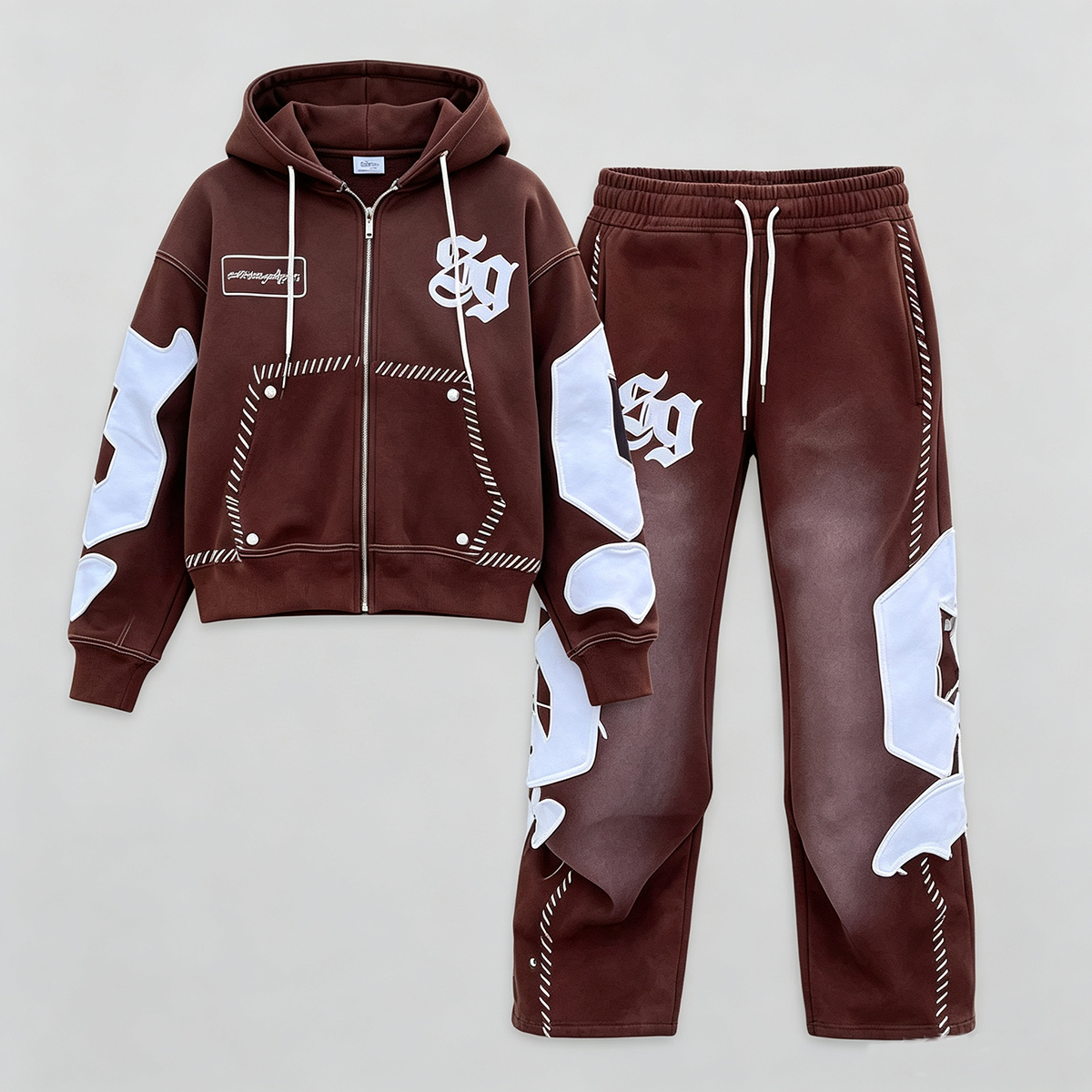 Custom Men Hoodies And Sweat Pants Set Acid Wash 100% Cotton Tracksuit Distressed Embroidery Flared Sweatpants And Hoodie Set