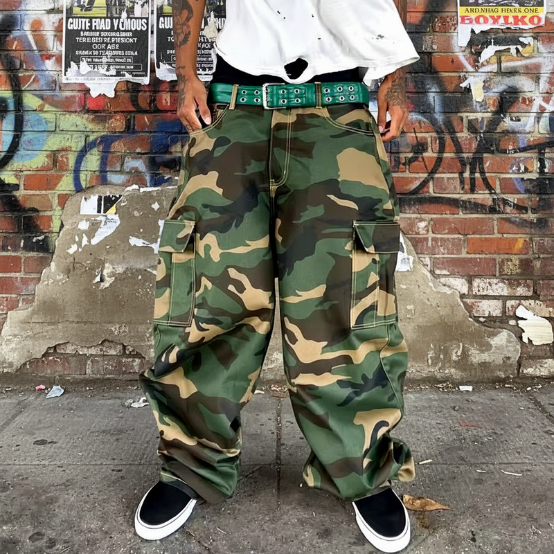 Men's Custom-Made Cotton Multi-Pocket Street-Style Loose-Fit Wide-Leg Casual Camouflage Pants, Carpenter Work Pants