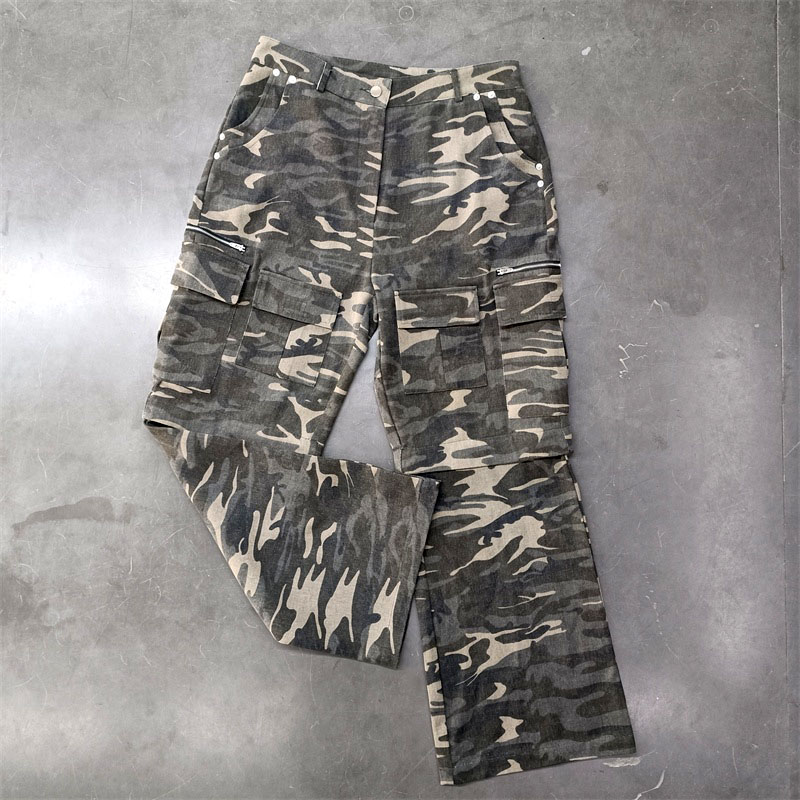 2025 Retro Loose Cotton Canvas Cargo Pants Mid-Waist Acid Wash Flat Front Sports Casual Overalls Design