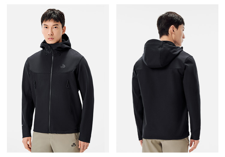 Men's Autumn Casual Softshell Jacket Outdoor Fleece-Lined Windproof Water-Repellent Hooded Coat With Zipper Closure for Hiking