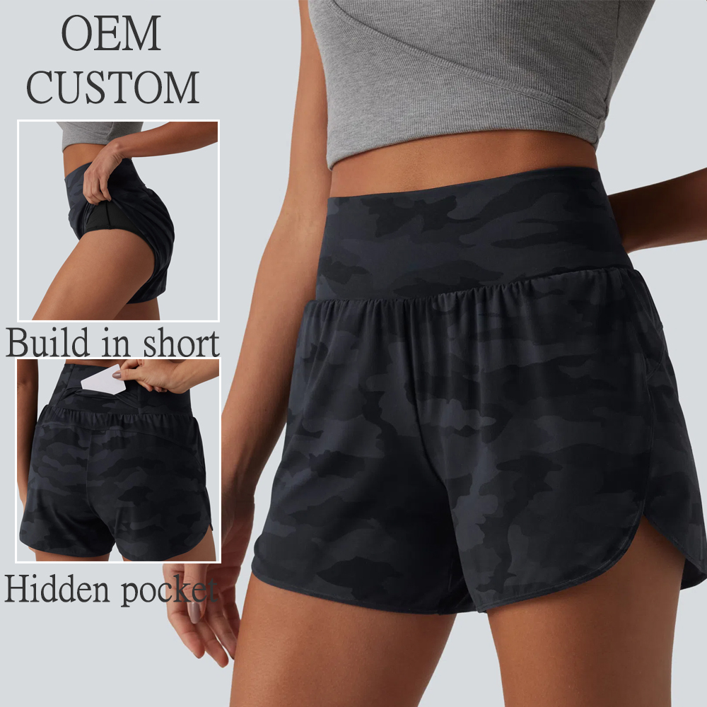 OEM Custom Women Activewear Camo Print High Waisted Yoga Short Tummy Control Curved Hem 2-in-1 Running Biker Shorts with Pocket