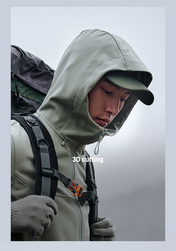 Men's Autumn Casual Softshell Jacket Outdoor Fleece-Lined Windproof Water-Repellent Hooded Coat With Zipper Closure for Hiking