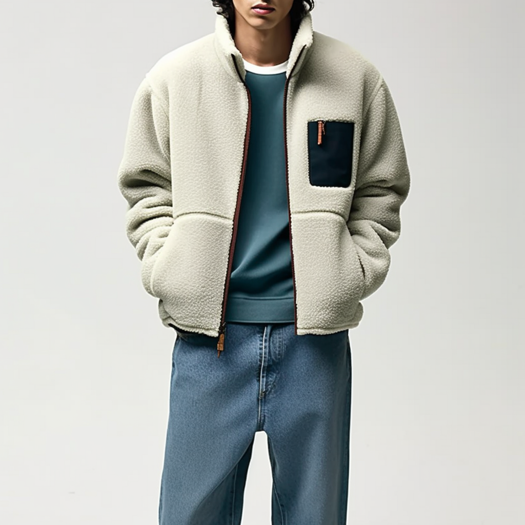 Custom Winter High Quality Long Sleeve Turn-down Collar Outdoor Zipper Patchwork Sherpa Full-Zip Fleece Jacket for Men