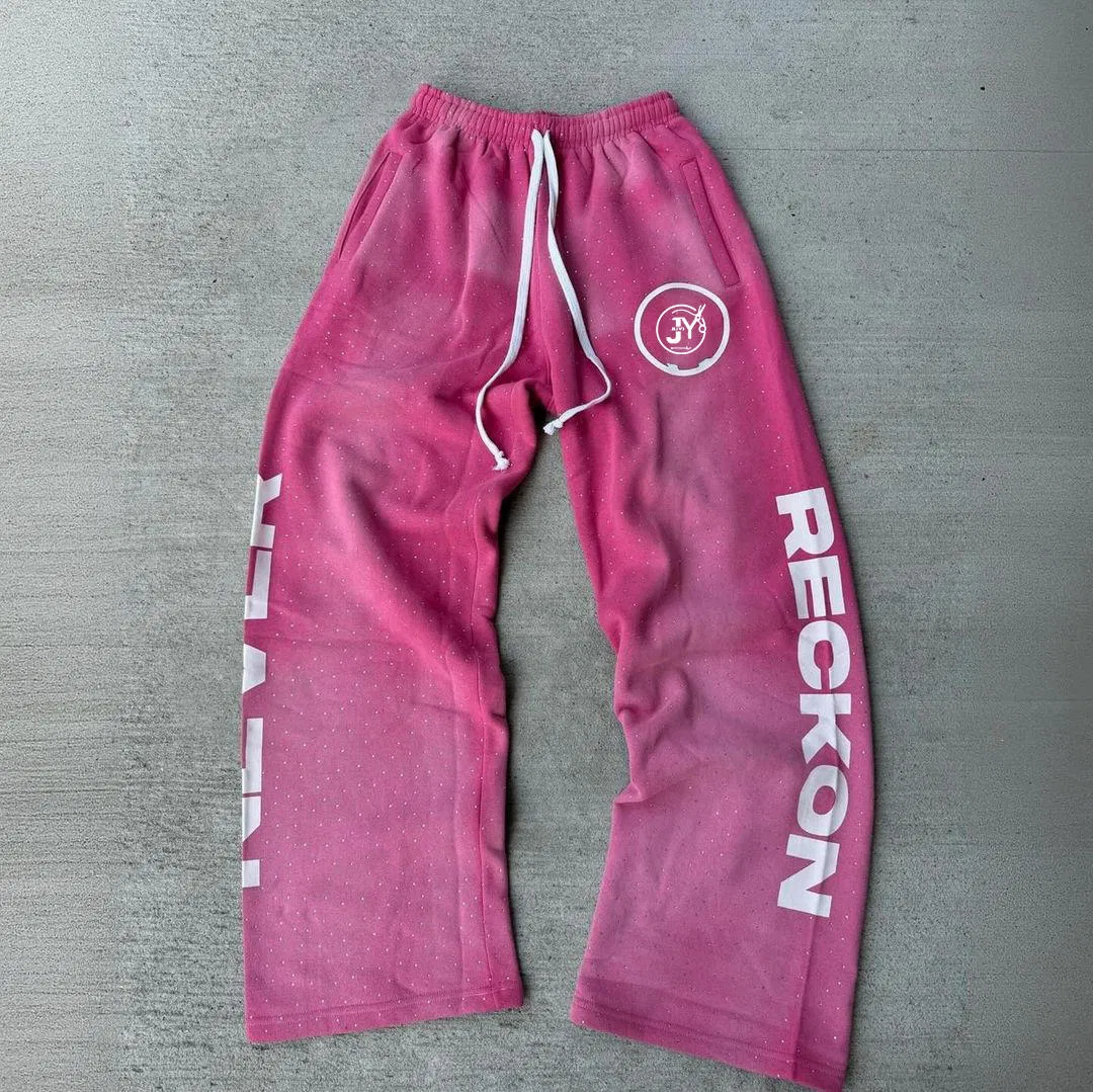Men's Oversized French Terry Sweatpants Streetwear Custom Embroidery Logo All Print Rhinestone Straight Wide Leg Sweatpants