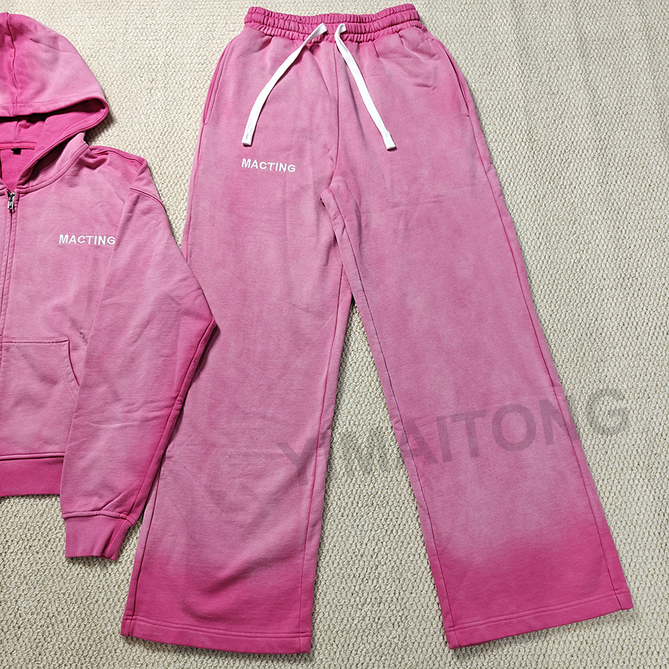Custom Printed Eco-Friendly Streetwear Cotton Sun Faded Sweatsuit Baggy Acid Wash Spring Zip Hoodies Sweatpants Set Men's