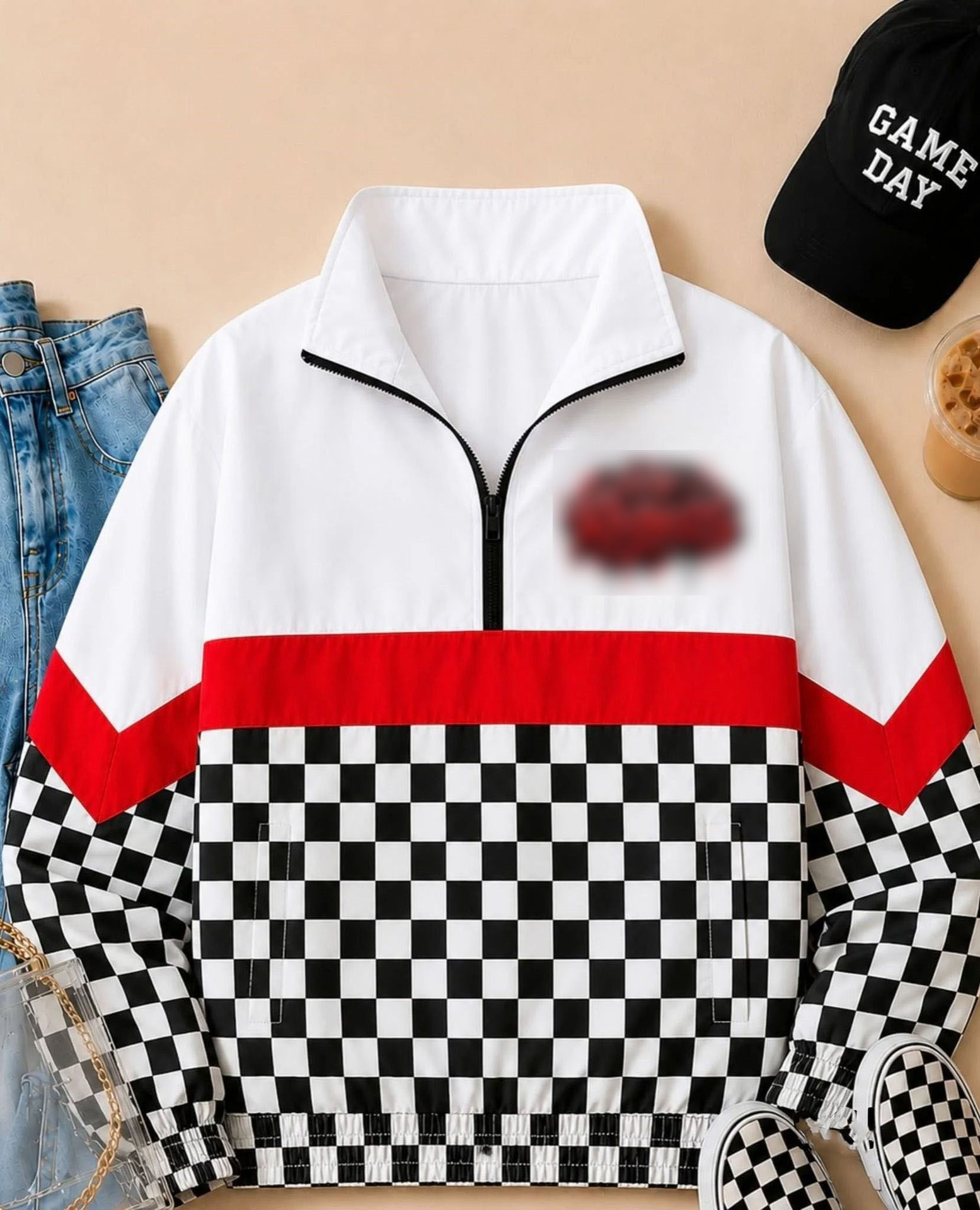 Loveda Custom Vintage Team Logo 1/4 Zip Windbreaker Checkered Leopard Print Long Sleeve Quarter Zip Jacket Embroidered Pullover