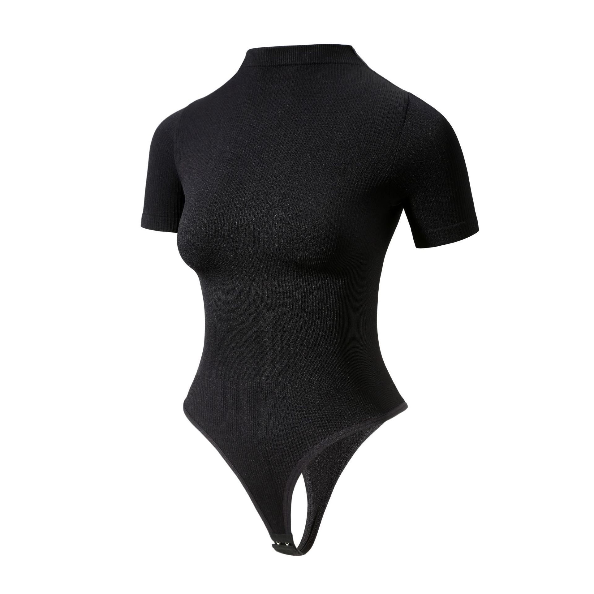 Plus-size Seamless Nylon Yoga-style Shapewear Bodysuit Button Detail Tummy-control Waist-slimming Body-forming Top Short Sleeves