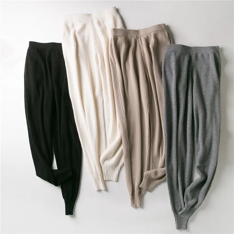 Slim Knitted Cashmere Leggings Cropped Leg Custom Knitted Joggers Slit-Detail Cashmere Women's Sweatpants.