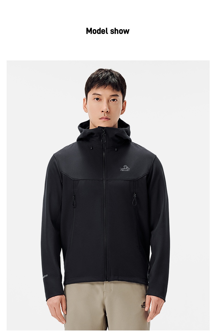 Men's Autumn Casual Softshell Jacket Outdoor Fleece-Lined Windproof Water-Repellent Hooded Coat With Zipper Closure For Hiking