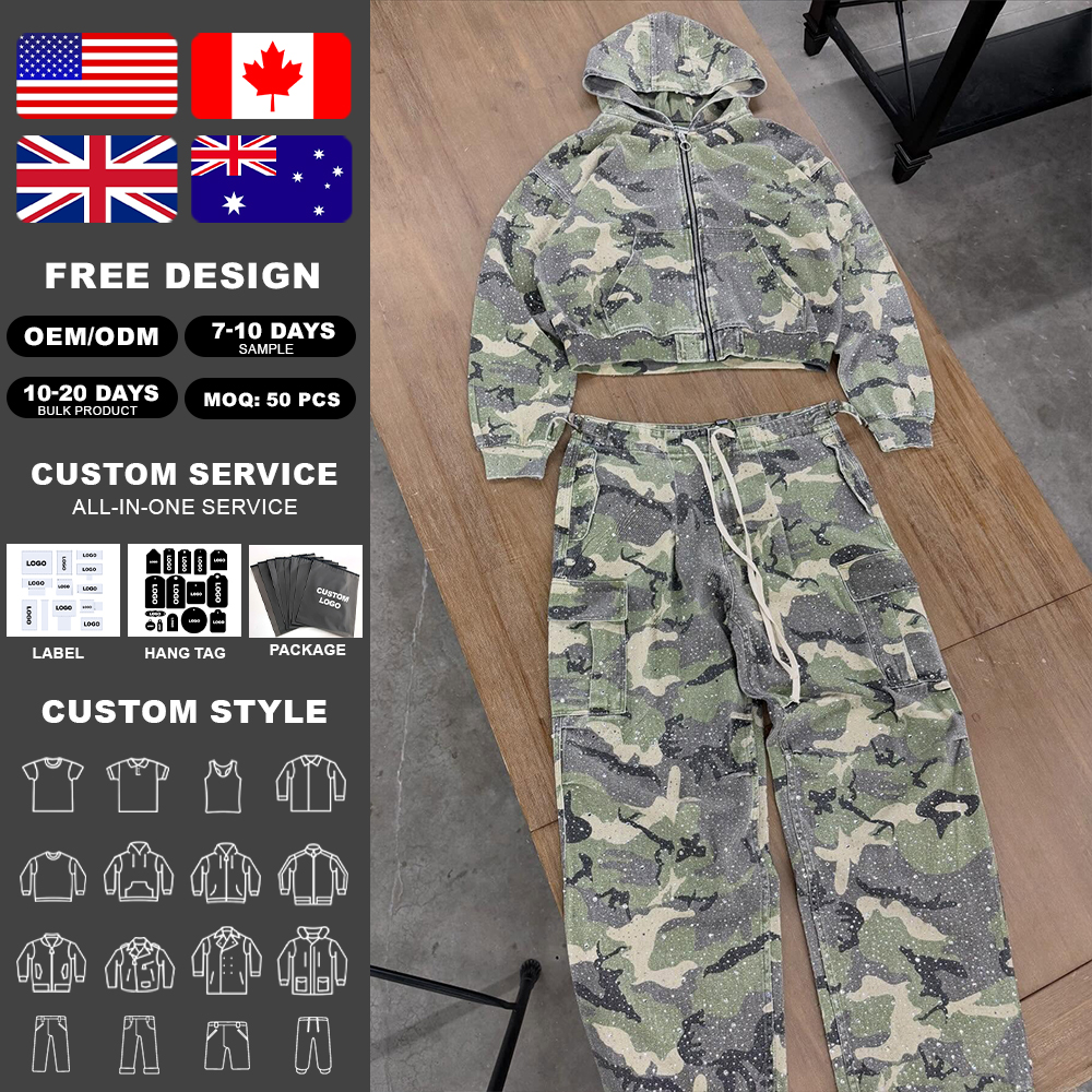 OEM Terry 400gsm 100% Cotton Tracksuits For Men Comfortable Streetwear Tracksuits Character Allover Camo Rhinestone Men's Sets