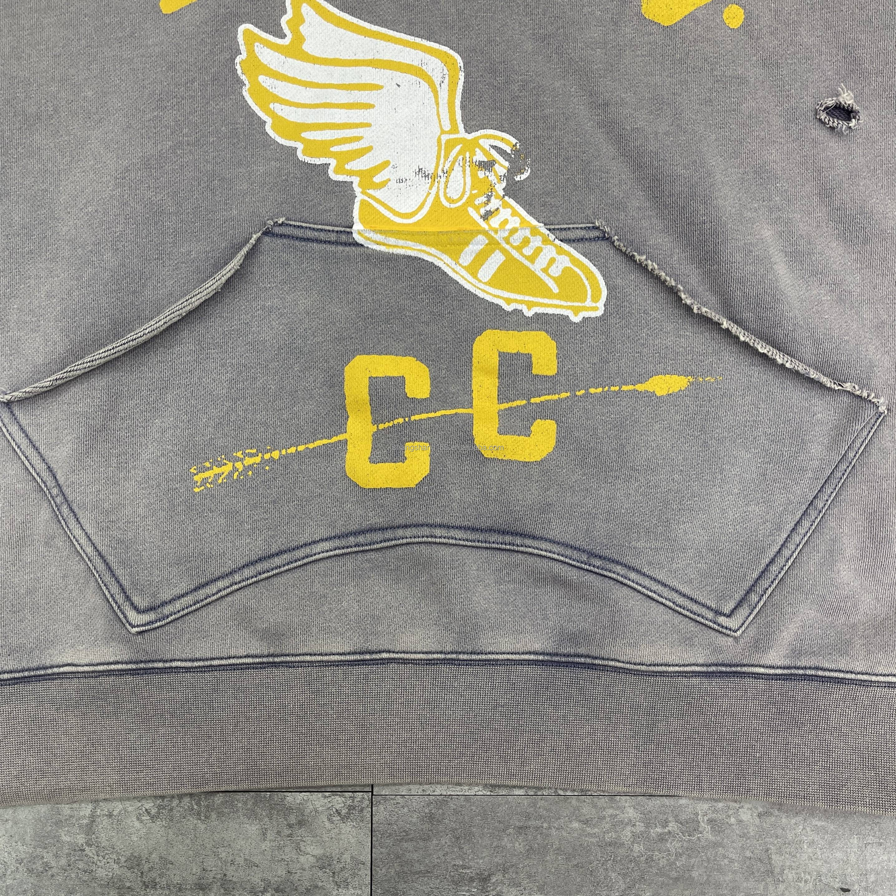 Custom High Quality French Terry Cotton Heavyweight Boxy Screen Print Vintage Stone Acid Wash V-neck Distressed Cropped Hoodies