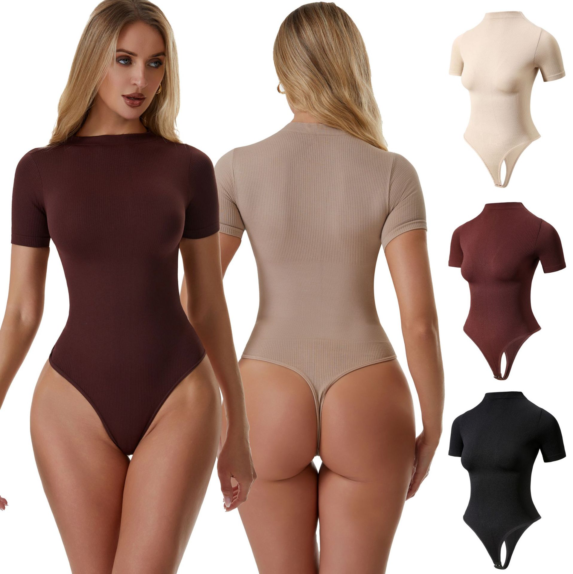 Plus-size Seamless Nylon Yoga-style Shapewear Bodysuit Button Detail Tummy-control Waist-slimming Body-forming Top Short Sleeves