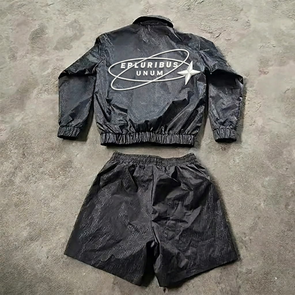 Custom LOGO Two Piece Nylon Jogger Polyester Windcheater Zip up Jacket and Short Set Unisex Embroidery logo Men's Tracksuit