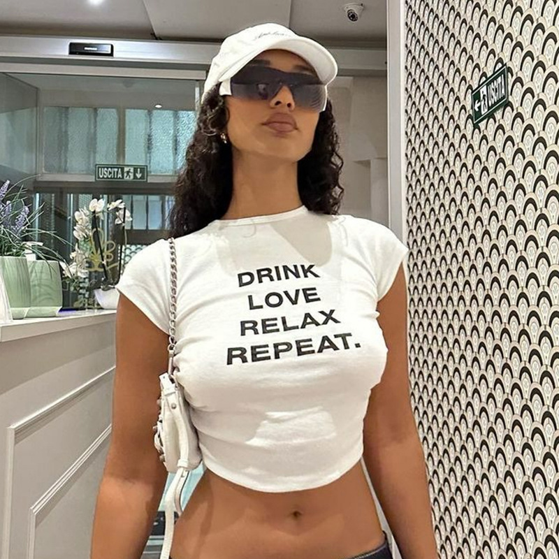 New Fashion Women Y2k Letter Printed Short Sleeve Crop Tops Round Neck Solid T-shirts Ladies Popular Crop Top Baby Tee