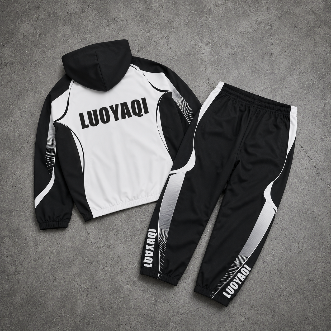 Men's Custom Tracksuit, Embroidered Patch Hooded Jacket, Layered Sweatpants, Two-piece Streetwear Style Tracksuit