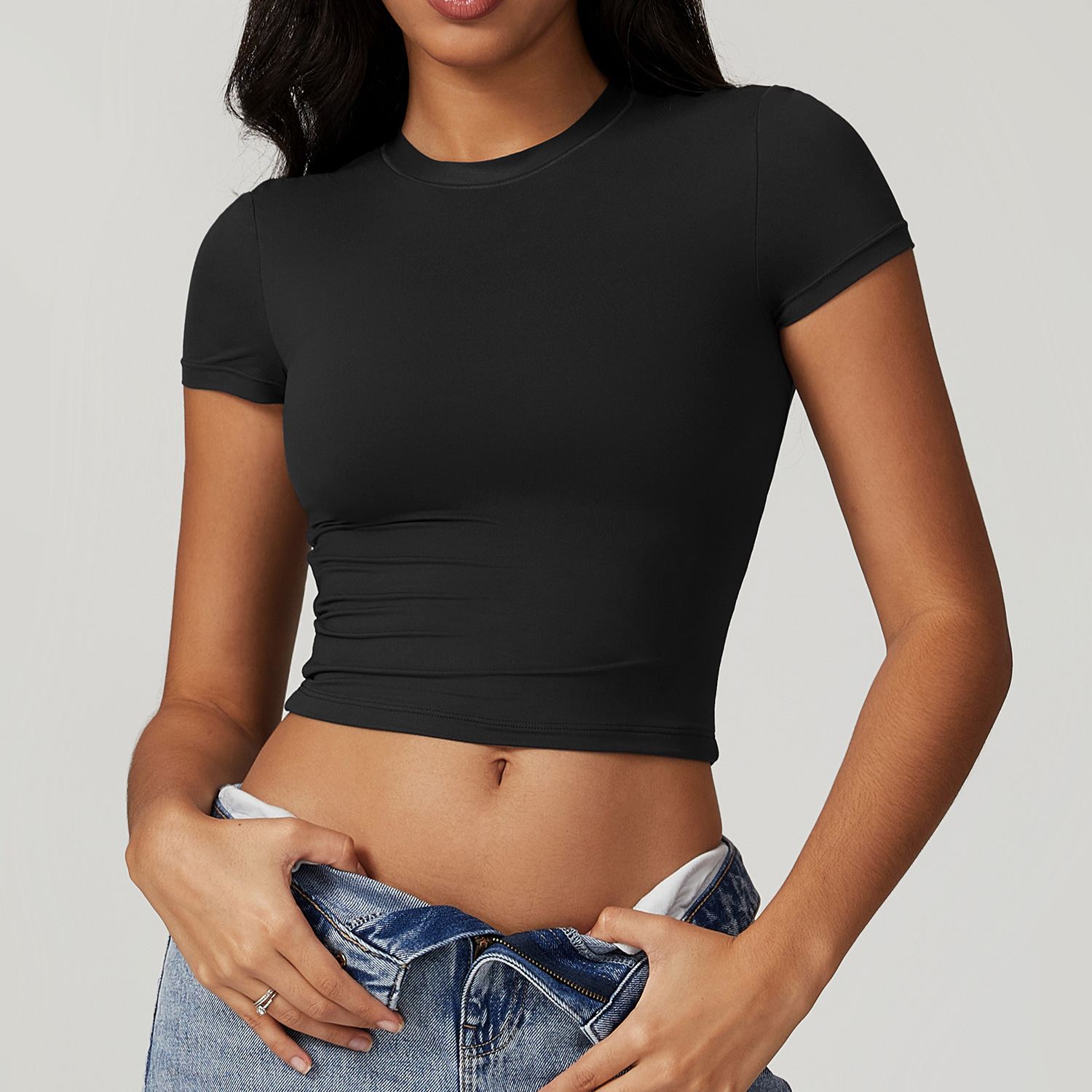 Women's Crop Tops Crew Neck Shorts Sleeve Stretch Fitted Shirts Crop Tops Women's T-shirts