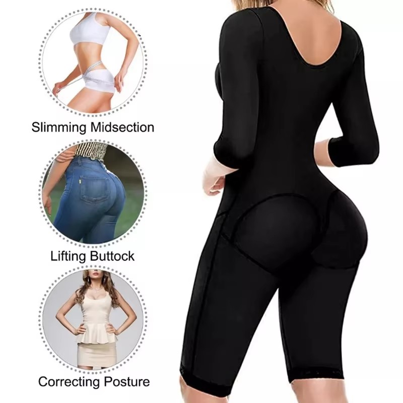 One-piece Long-sleeved Postpartum Recovery Colombian Fabric Bodysuit with Cups