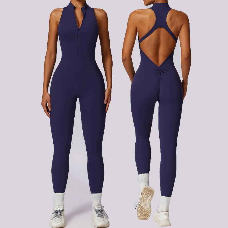 Wholesale High Quality Beautiful Back Hollow Pleated Hip Gym Fitness Sportswear Bodysuit Stand Collar Half Zipper Yoga Jumpsuit