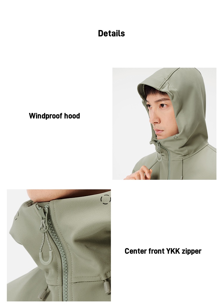 Men's Autumn Casual Softshell Jacket Outdoor Fleece-Lined Windproof Water-Repellent Hooded Coat With Zipper Closure for Hiking