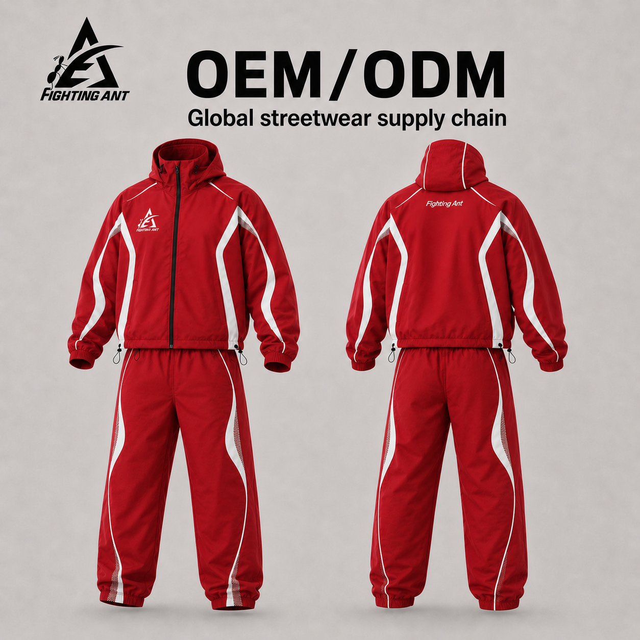 Fighting Ant Factory 100GSM Nylon Twill Windproof Color Block Panel Splicing Adjustable Drawstring Hood Streetwear Men Tracksuit
