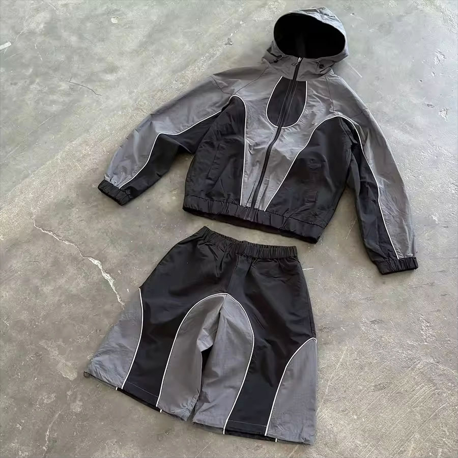 OEM Clothing Manufacturers Custom Waterproof Polyester Nylon Windbreaker Tracksuits Zip up Jacket Hoodies and Shorts Set