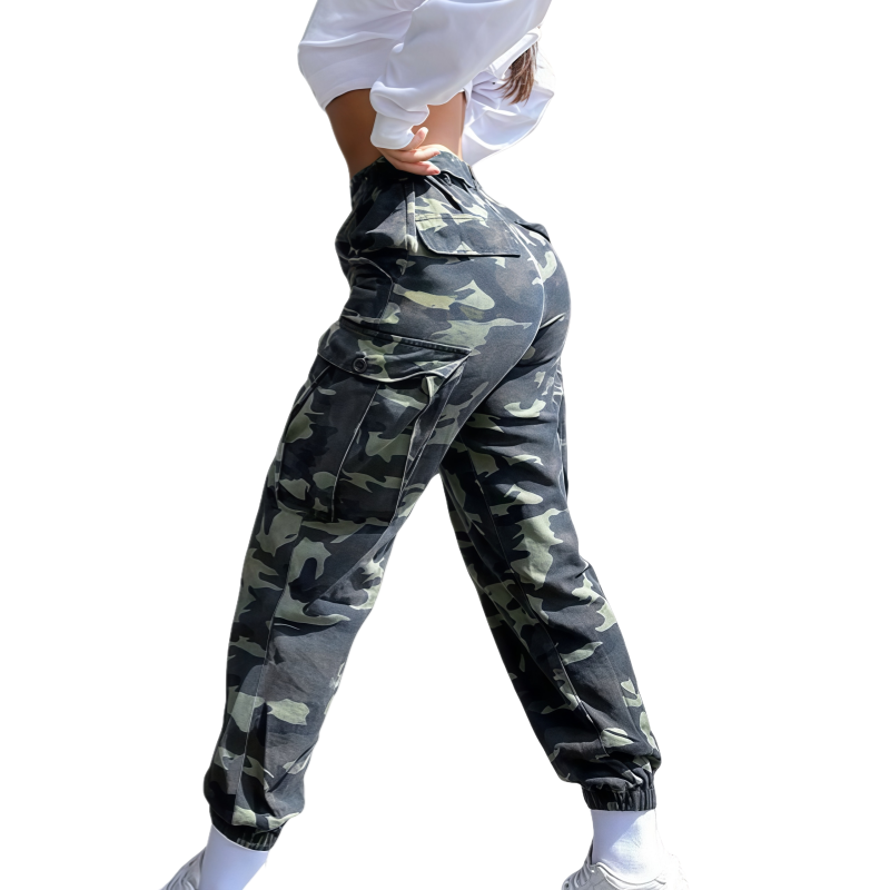 Women's High Waist Regular Fit Breathable Sweat Jogger Cargo Pants Camo Print Washed Technique Flat Front Street Casual Pant