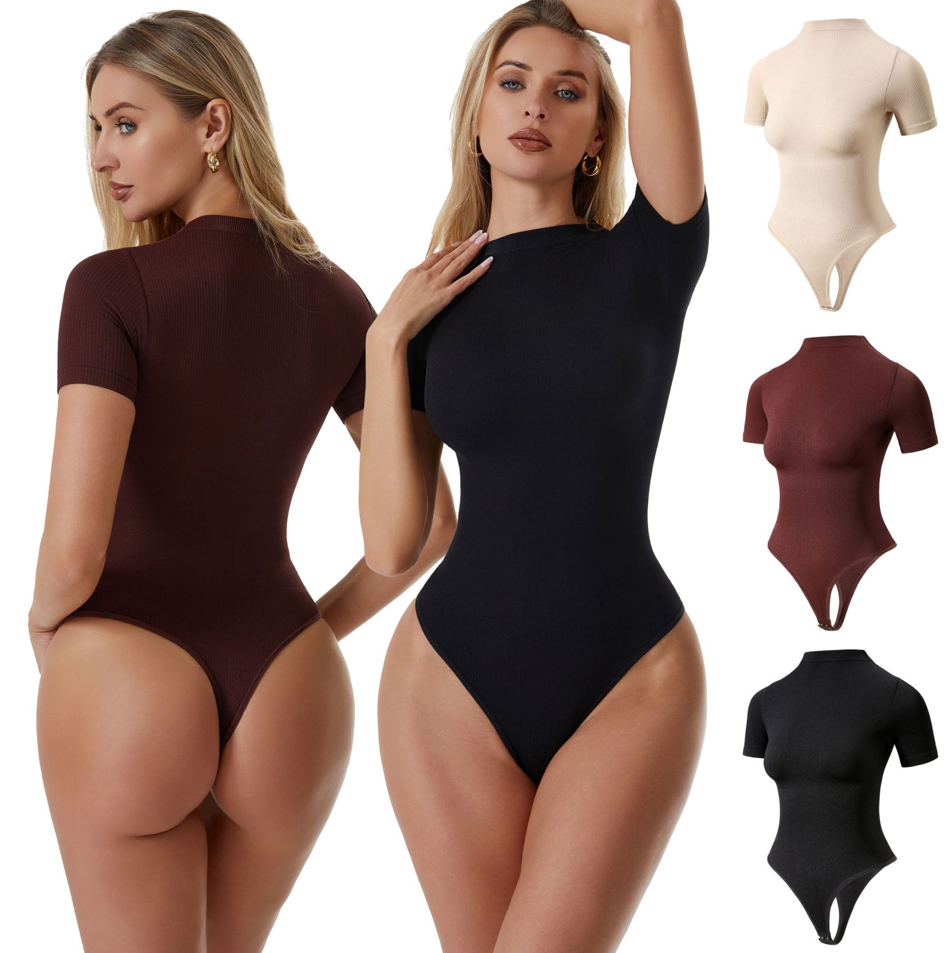 Plus-size Seamless Nylon Yoga-style Shapewear Bodysuit Button Detail Tummy-control Waist-slimming Body-forming Top Short Sleeves