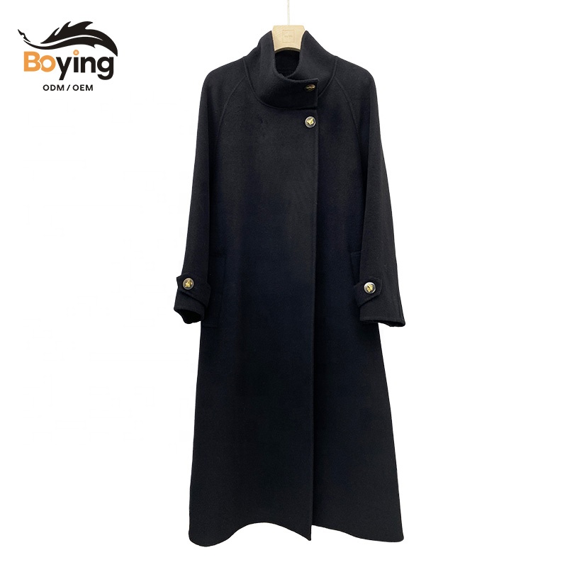 Boying Women's New Style Long Woolen Coat with Double Sided Cashmere Stand Collar Single-Breasted Closure for Autumn Winter