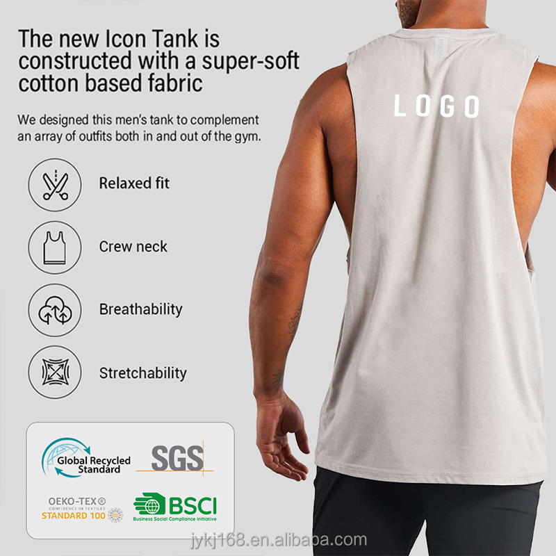 Custom Men Hybrid Studio To Street Drop Arm Relaxed Fit Cotton Blend Sports Gym Tank Top With Raw Edge Hem
