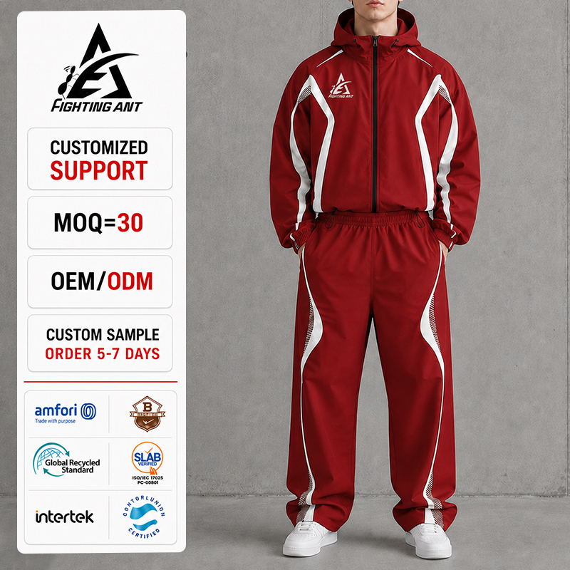 Fighting Ant Factory 100GSM Nylon Twill Windproof Color Block Panel Splicing Adjustable Drawstring Hood Streetwear Men Tracksuit