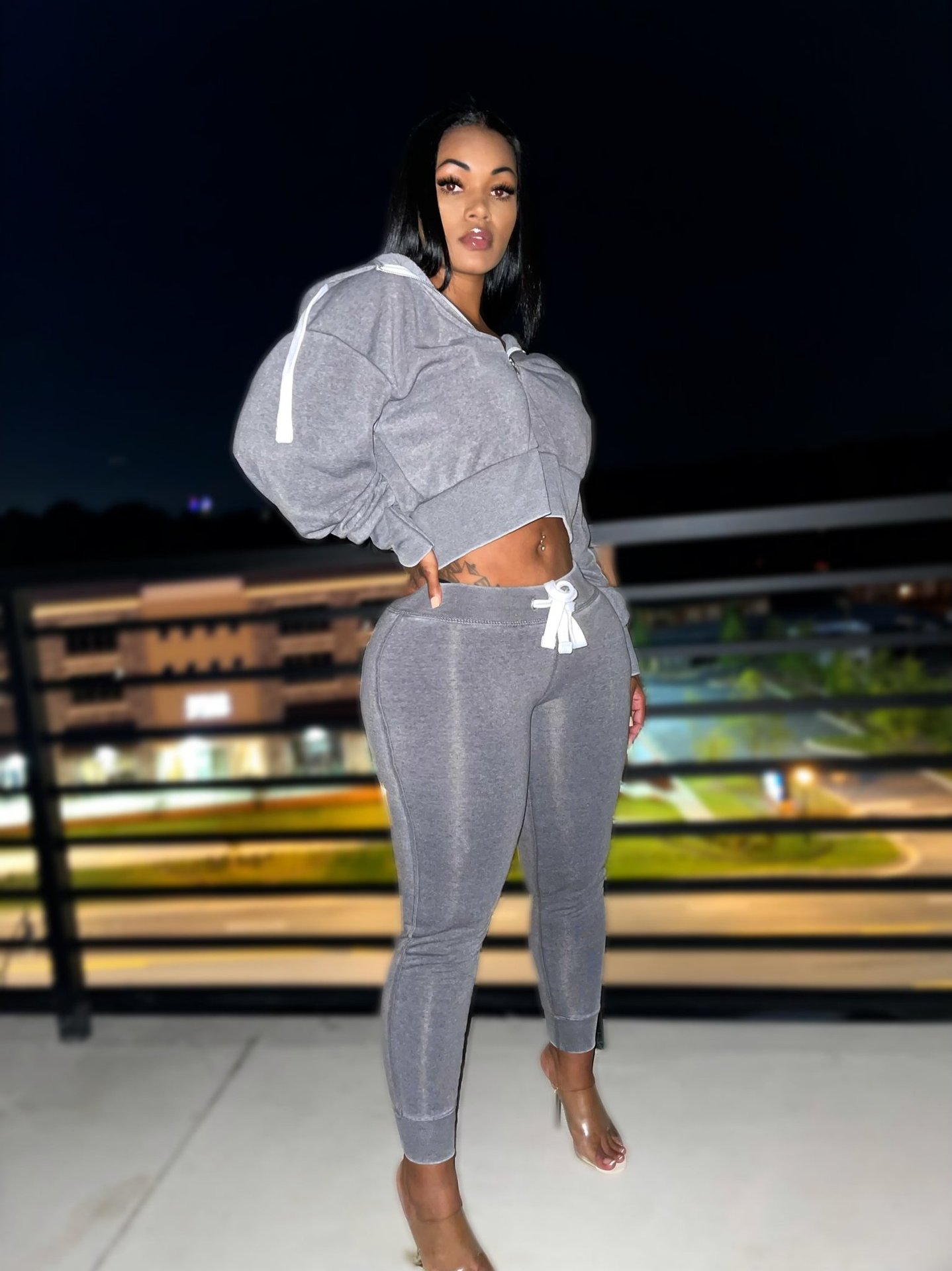 Women Plus Size Gray 100% Cotton Tracksuit Set Hooded Crop Top Full Length Pants Casual Solid Color Two Piece Outfit Winter Wear