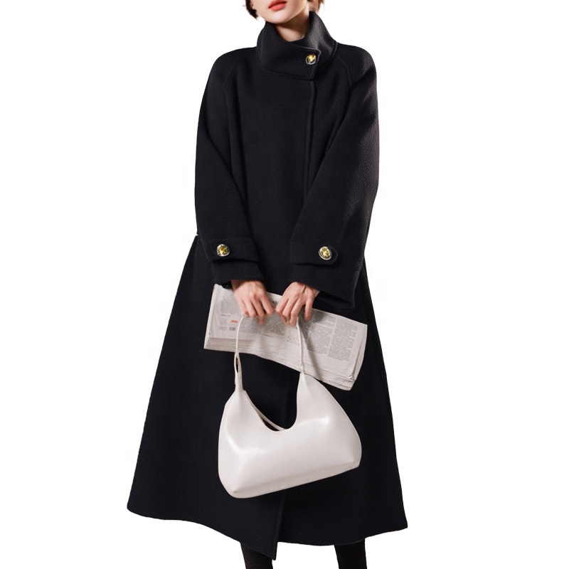 Boying Women's New Style Long Woolen Coat with Double Sided Cashmere Stand Collar Single-Breasted Closure for Autumn Winter