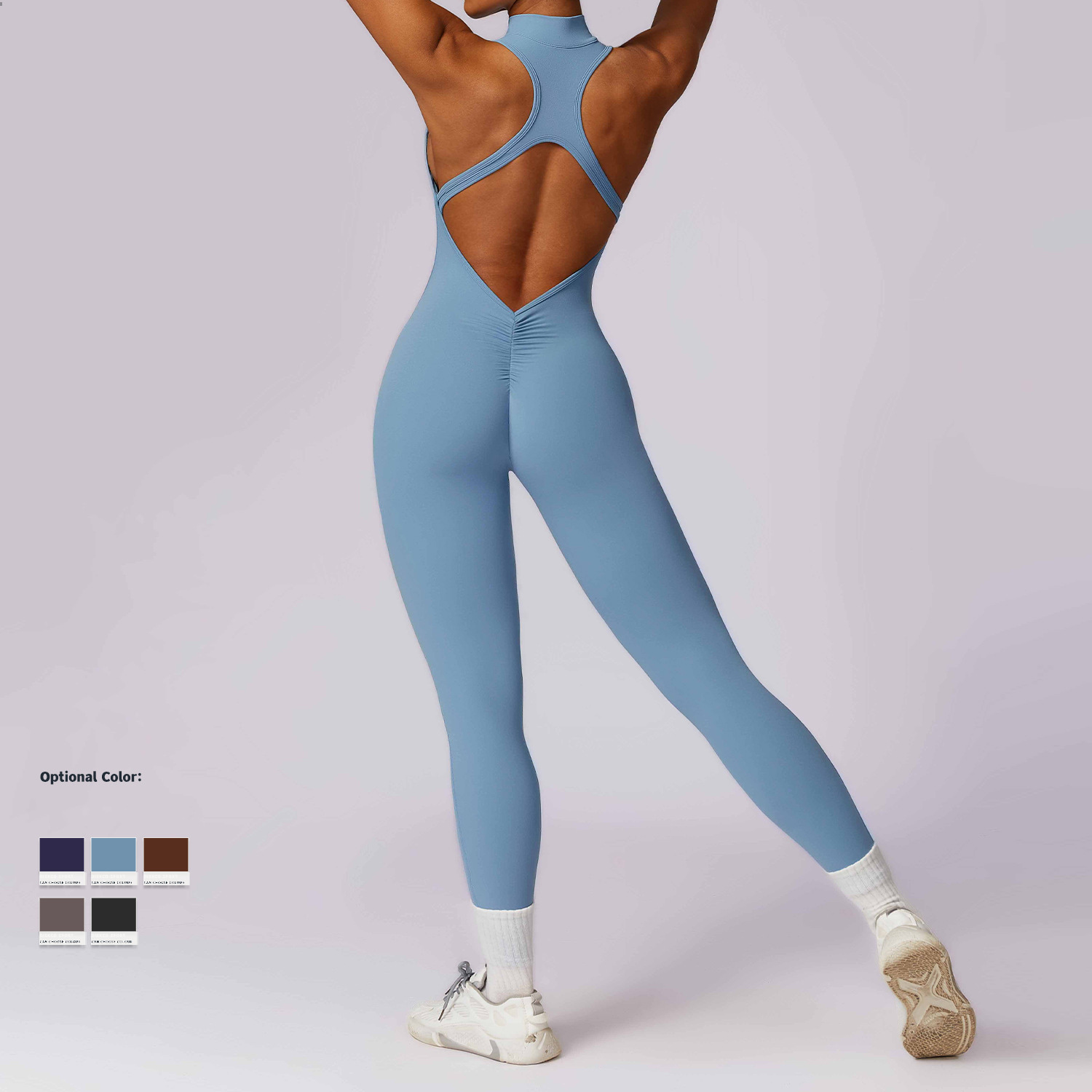 Wholesale High Quality Beautiful Back Hollow Pleated Hip Gym Fitness Sportswear Bodysuit Stand Collar Half Zipper Yoga Jumpsuit