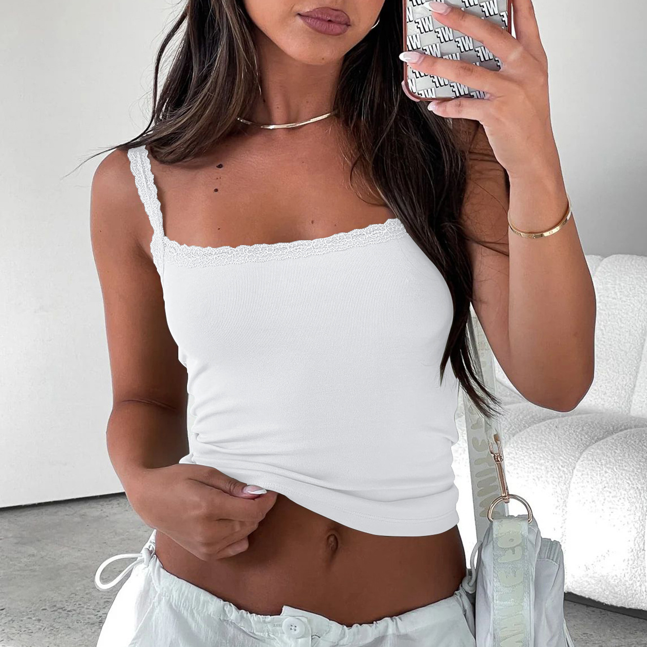 Summer Fashion Versatile Slim-Fit Short Tank Top Lace T Shirt Spicy Sexy Girl Crop Top Women Sleeveless Vest