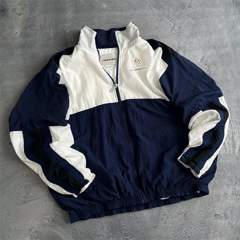 Custom Men's Black And White Contrast Jacket Street Vintage Polyester Zipper Oversized Windbreaker Jacket
