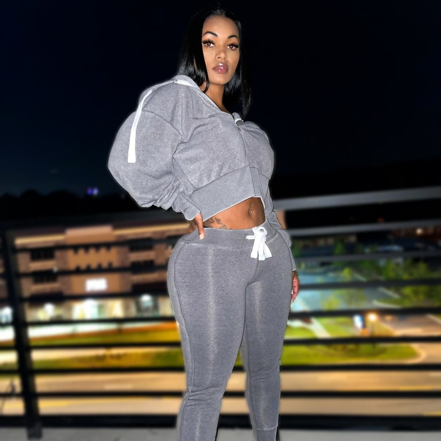 Women Plus Size Gray 100% Cotton Tracksuit Set Hooded Crop Top Full Length Pants Casual Solid Color Two Piece Outfit Winter Wear