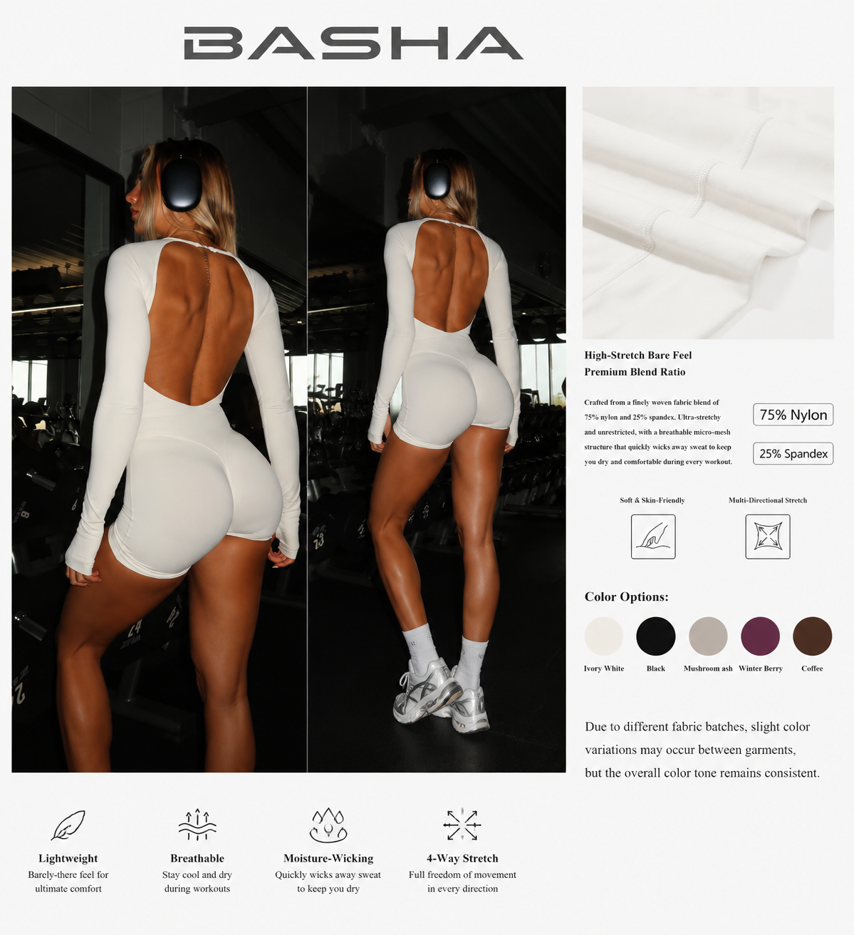 BASHAsports Custom Logo Seamless Backless Women Yoga Jumpsuit Long Sleeve Workout Romper Quick Dry Bodysuit