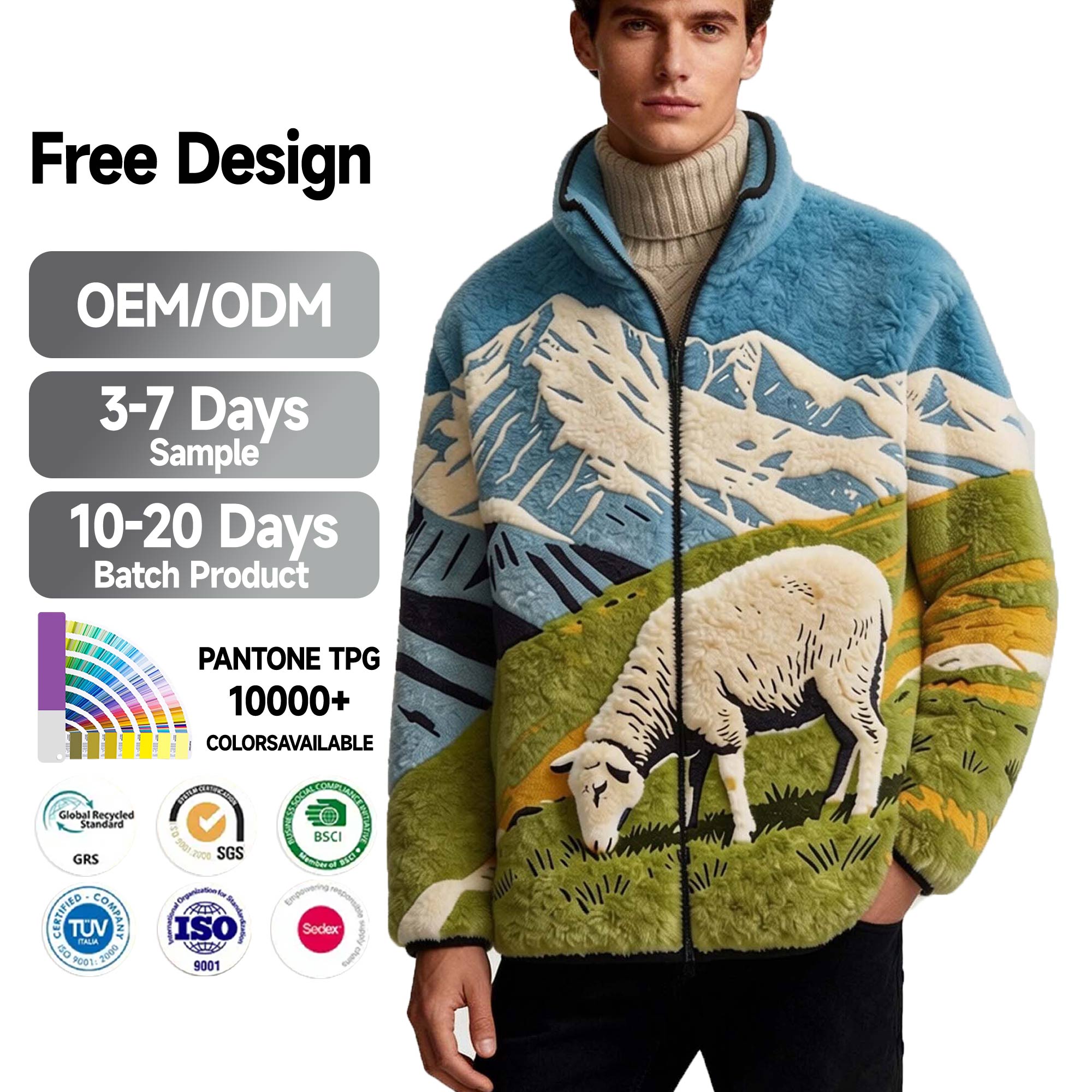 Winter Fashion Custom Camouflage Bonded Polar Fleece Stand Collar Heavyweight Warm Streetwear Jacquard Sherpa Jacket for Men