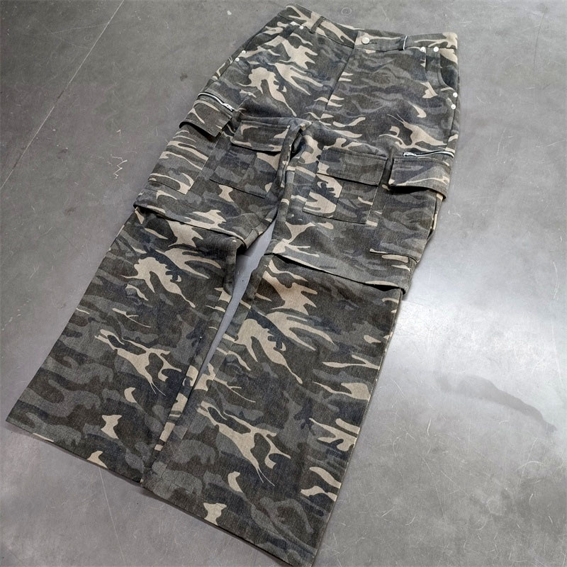2025 Retro Loose Cotton Canvas Cargo Pants Mid-Waist Acid Wash Flat Front Sports Casual Overalls Design