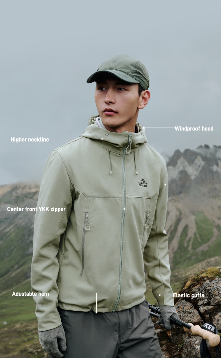 Men's Autumn Casual Softshell Jacket Outdoor Fleece-Lined Windproof Water-Repellent Hooded Coat With Zipper Closure for Hiking