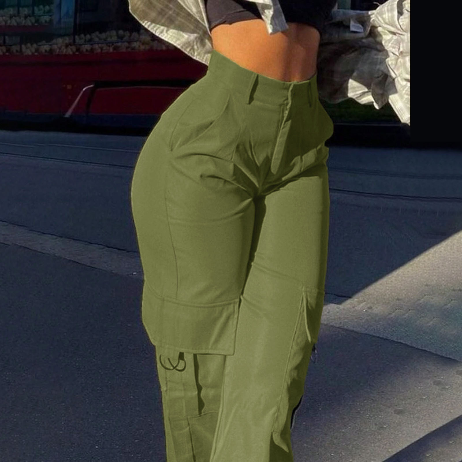 Women Cargo Pants With Pockets Straight Loose Mid Waist Ladies Pants Trousers