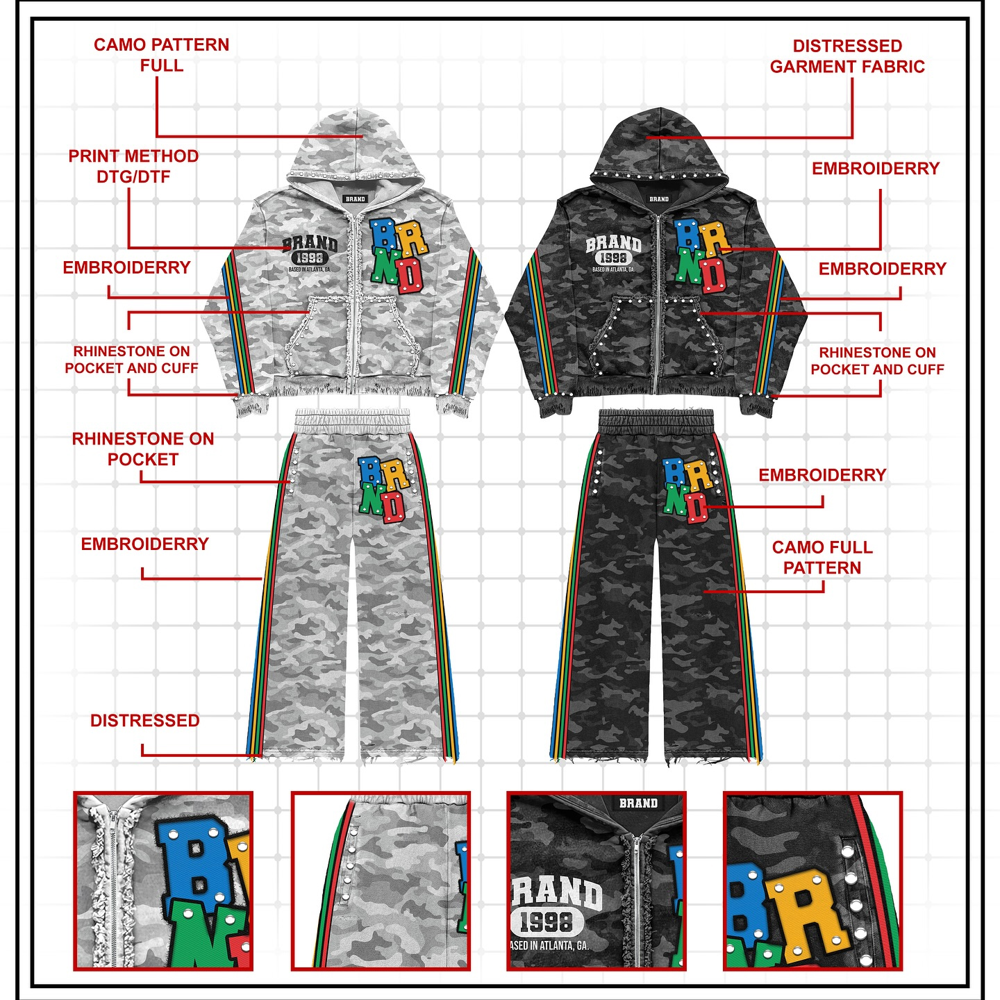 Custom Men's Rhinestone Zip Up Boxy Camo Hoodie Sweatpants Set Cotton Streetwear Embroidered Oversized Distressed Hoodie