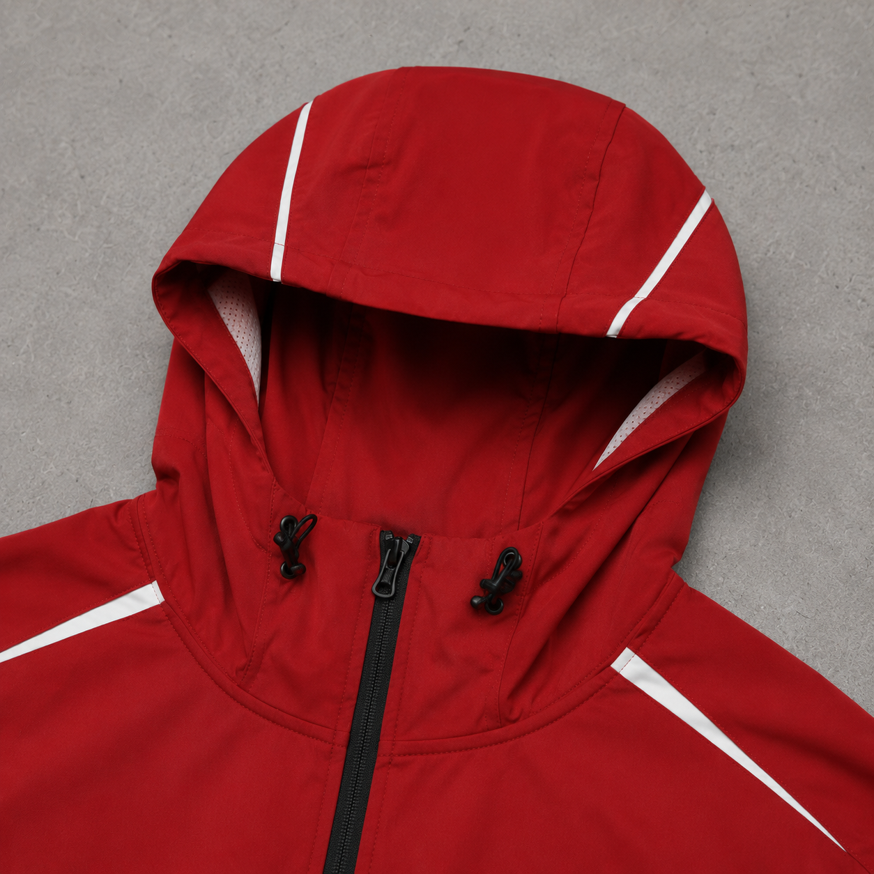 100GSM Nylon Twill Windproof Color Block Panel Splicing Adjustable Drawstring Hood Streetwear Men Tracksuit Stitching Detail