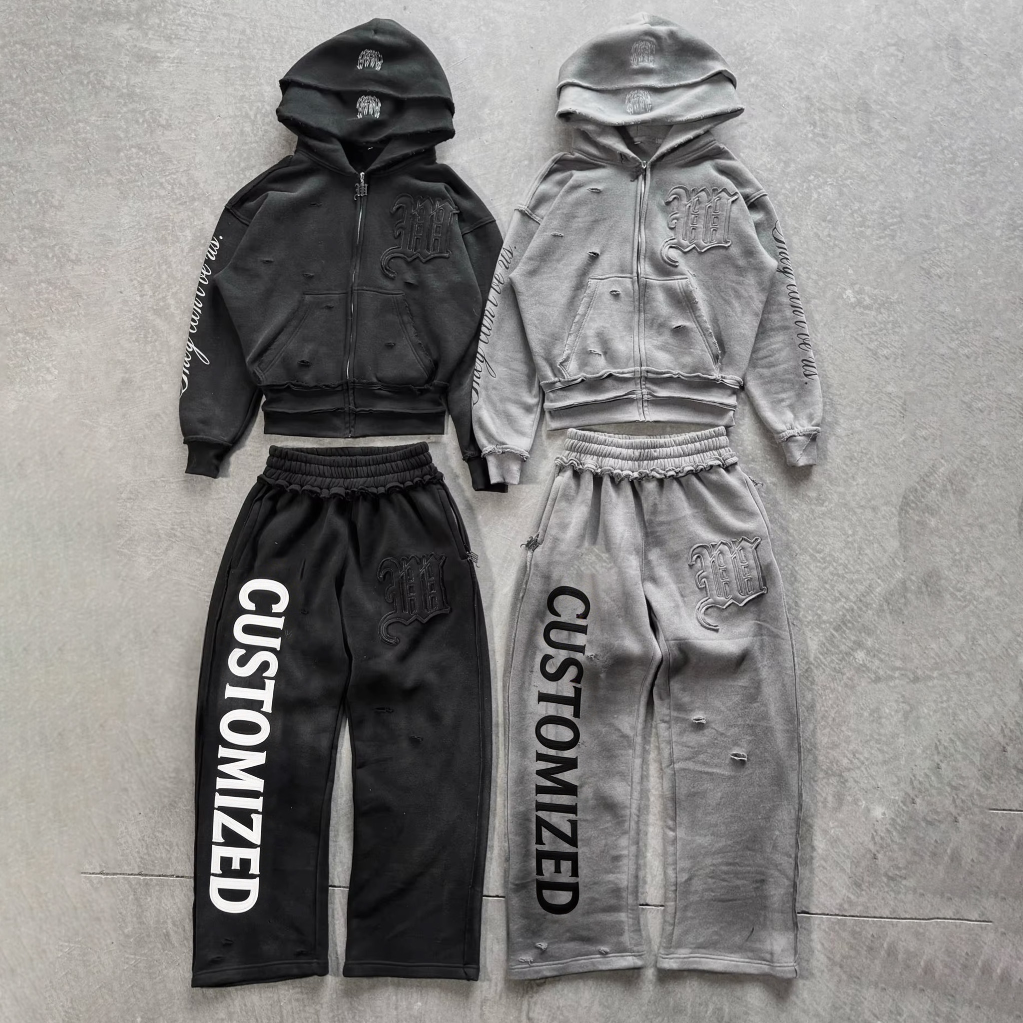 Streetwear Sweatpants And Hoodie Set 100% Cotton Double Layered Wash Hoodie Heavyweight Distressed French Terry Mens Tracksuits